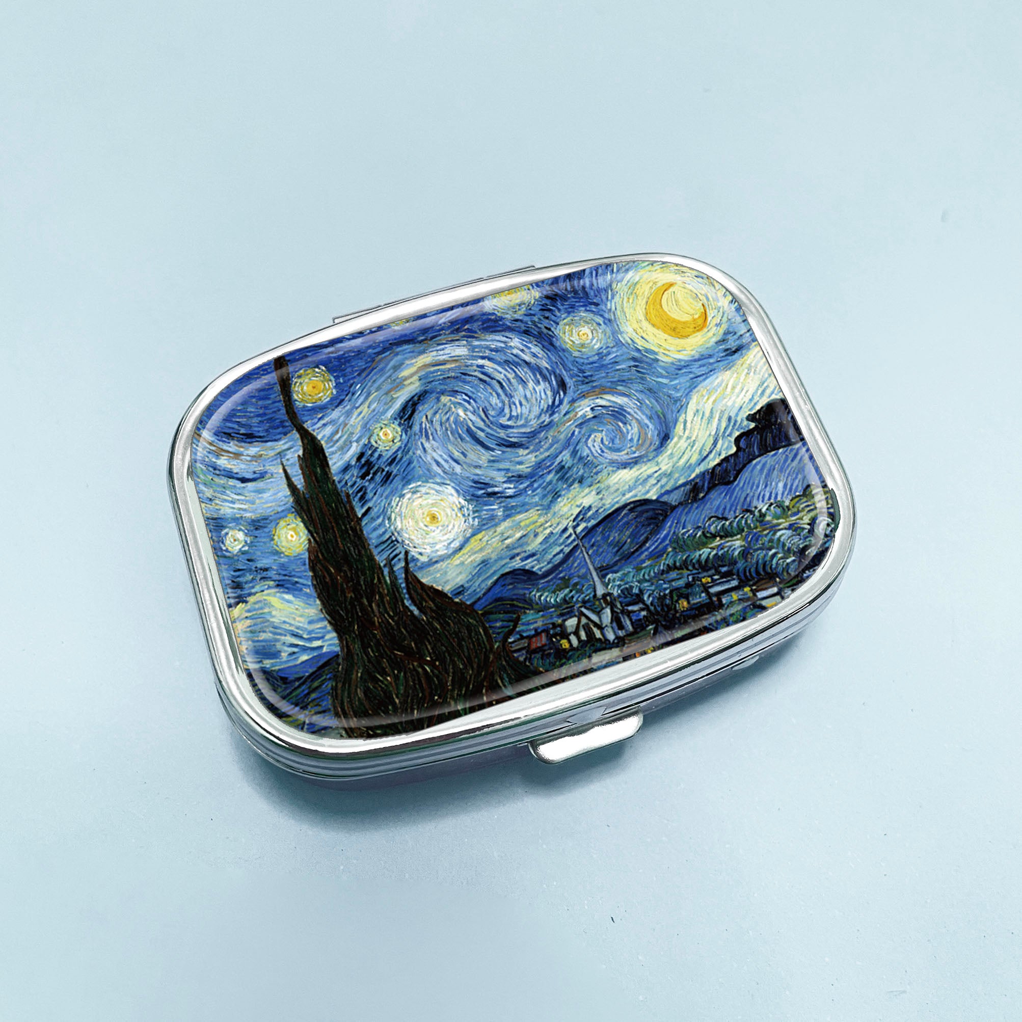 The Starry Night Pill Box 2 Compartment Medicine Pill Case Portable Metal Pill Organizer Vitamin Travel Case Pill Holder for Purses